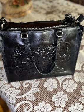 Patricia Nash Black Embossed Floral Leather Tote